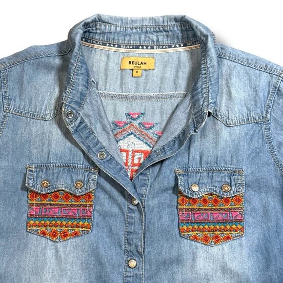 Beulah Womens Southwestern Aztec Embroidered Chambray Denim Button Up Shirt Med - Picture 9 of 16